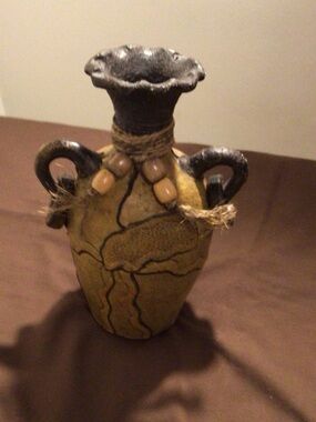 Handcrafted Leather Wrapped Two-Handled Decorative Vase in Brown and Black